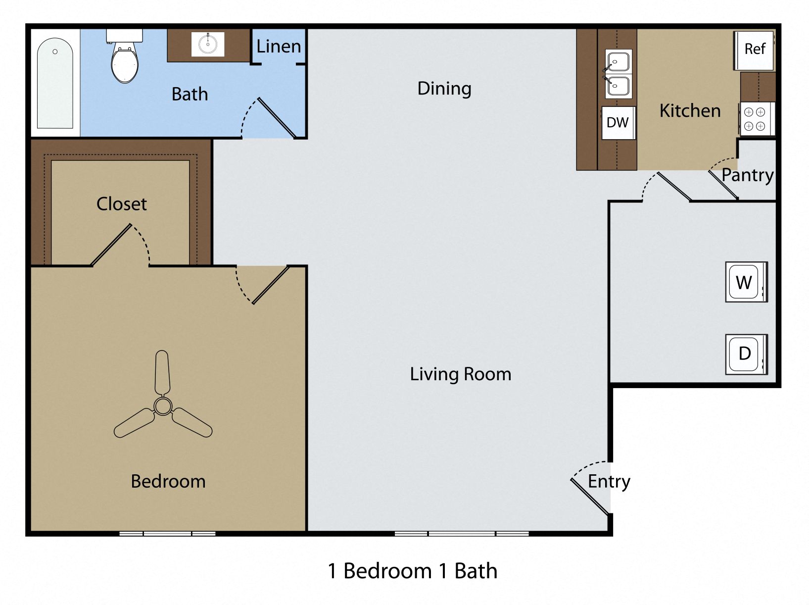 Floor plan for 1 bed, 1 bath, 755 sqft
